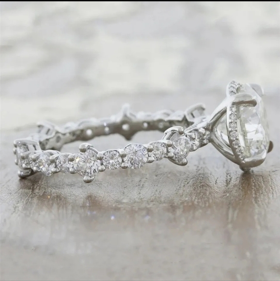 SILVER 2PC Diamond CZ Stone Ring Set Stackable Round Cut - Picture 3 of 5